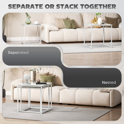 Zestaw stolików HOMCOM Nest of Tables, zestaw 2 stolików kawowych, stolików bocznych z blatem ze szkła hartowanego i metalową ramą do salonu, sypialni, biura, biały