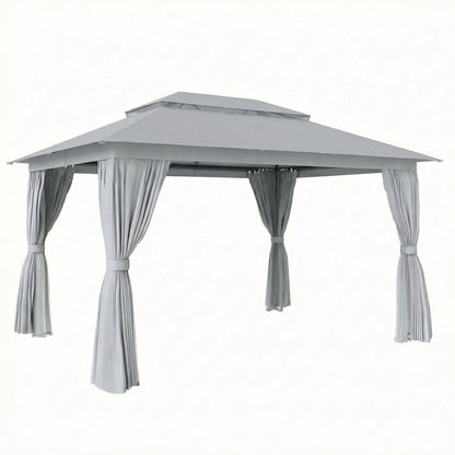 Outsunny 3 x 4 m Outdoor Garden Gazebo with Netting and Curtains, UPF50+ Patio Gazebo Permanent Pavilion Canopy, Dark Grey