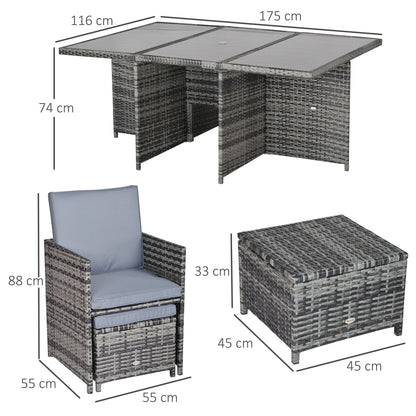 Outsunny 10 Seater Rattan Cube Garden Furniture Set with Parasol Hole, Rattan Dining Set with Cushions, Outdoor Dining Table and Chairs with Rectangular Glass Top Table for Patio, Mixed Grey