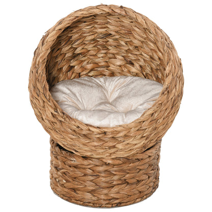 PawHut Wicker Cat Bed, Raised Rattan Cat Basket with Cylindrical Base, Soft Washable Cushion, Brown, 50 x 42 x 60 cm