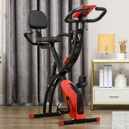 HOMCOM 2-in-1 Folding Exercise Bike with 8-Level Magnetic Resistance, Arm Resistance Band, Pulse Sensor, Red