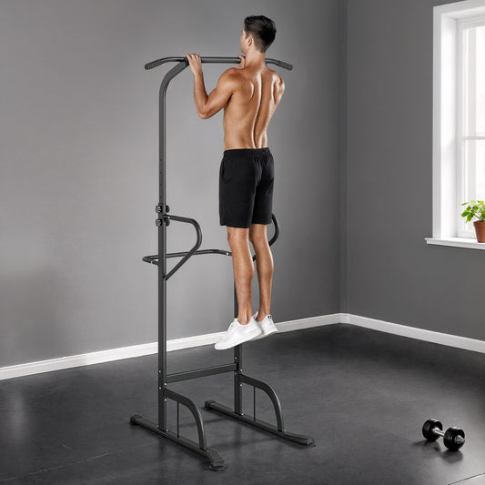 HOMCOM Power Tower Dip Station Pull Up Bar Wielofunkcyjny sprzęt do pompek z regulowaną wysokością do domowej siłowni Trening siłowy Fitness
