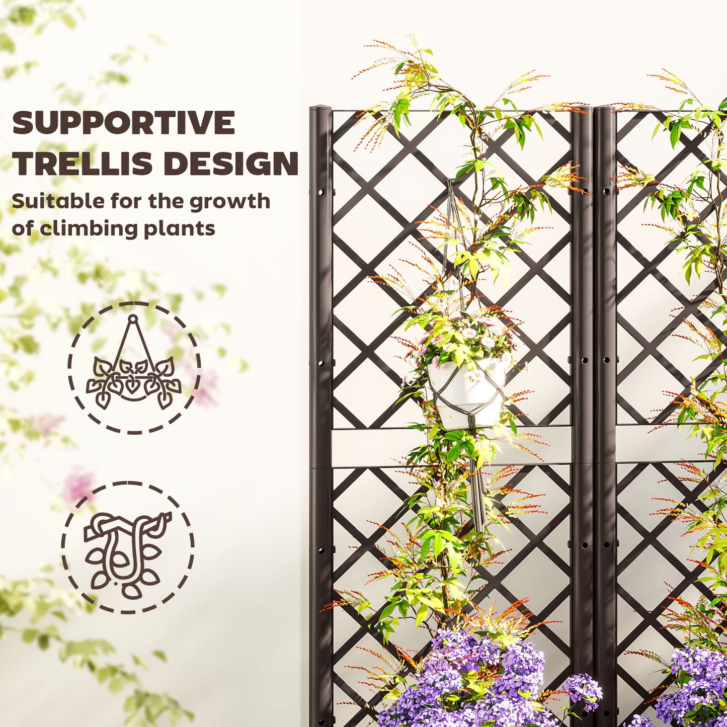 Outsunny Raised Garden Bed with Trellis, Plastic Planter Box with Drainage Holes and Drain Plugs for Climbing Plants, Vegetables, Flowers, Brown