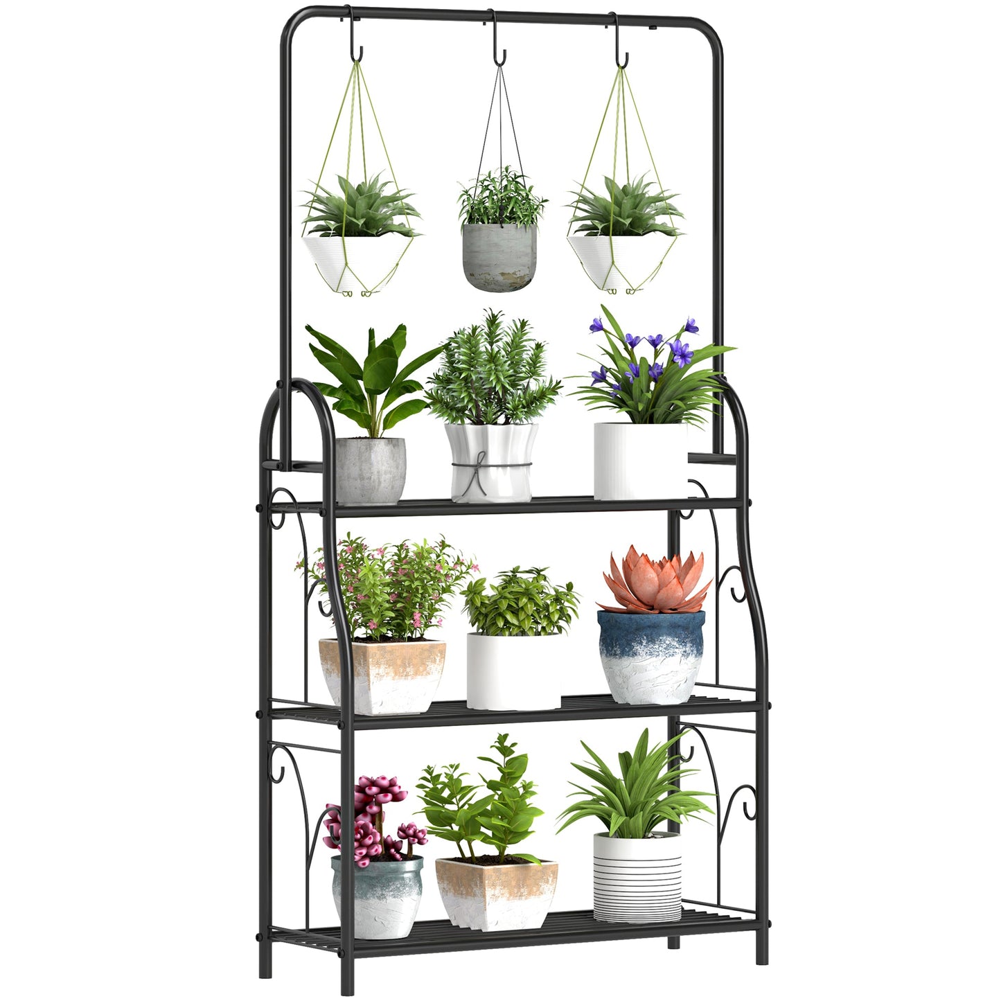 Outsunny 3 Tier Plant Stand with Hanging Rod and Hooks, Metal Plant Rack Shelf, Ladder Flower Pot for Indoor Outdoor Porch Balcony Living Room Bedroom, Black