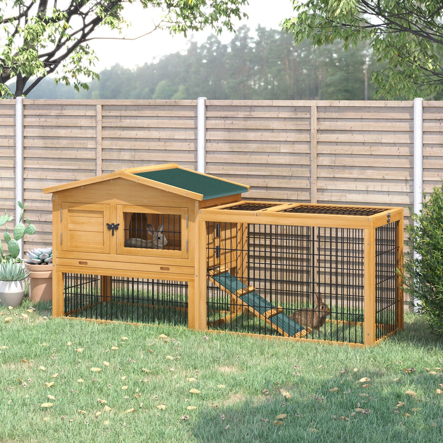 PawHut Rabbit Hutch Outdoor, Wooden Guinea Pig Hutch with Rabbit Run 2 Level Design Water Resistant Openable Roof 150 x 52.5 x 68 cm, Yellow