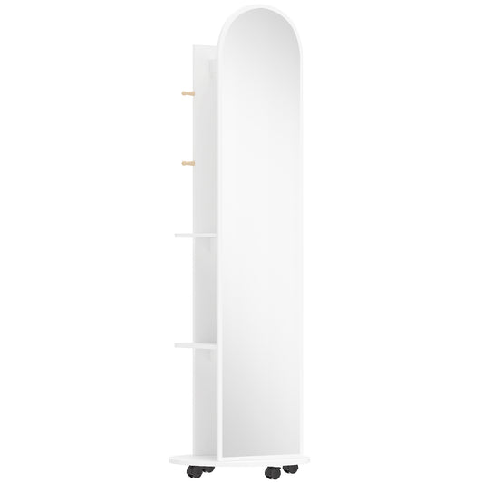 HOMCOM 2-in-1 Full Length Mirror with Storage Shelves, Floor Mirror with 4 Wheels, Coat Rack, Hooks, White