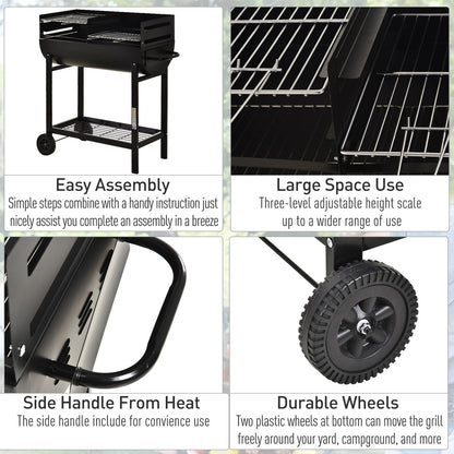 Outsunny Charcoal Barbecue Grill Garden BBQ Trolley w/ Dual Grill, Adjustable Grill Nets, Heat-resistant Steel, Wheels, Black