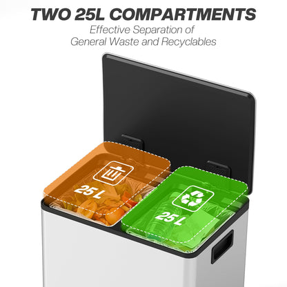 HOMCOM 50L Dual Compartment Stainless Steel Bin, with Deodoriser Holders - Silver