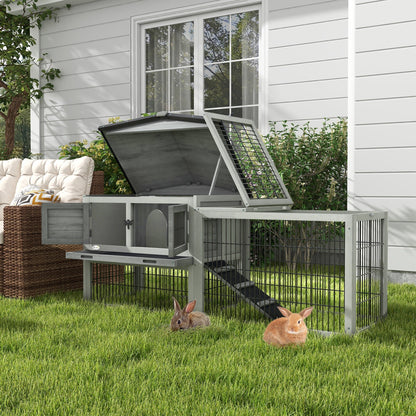 PawHut Wooden Rabbit House Hutch with Outdoor Run Grey