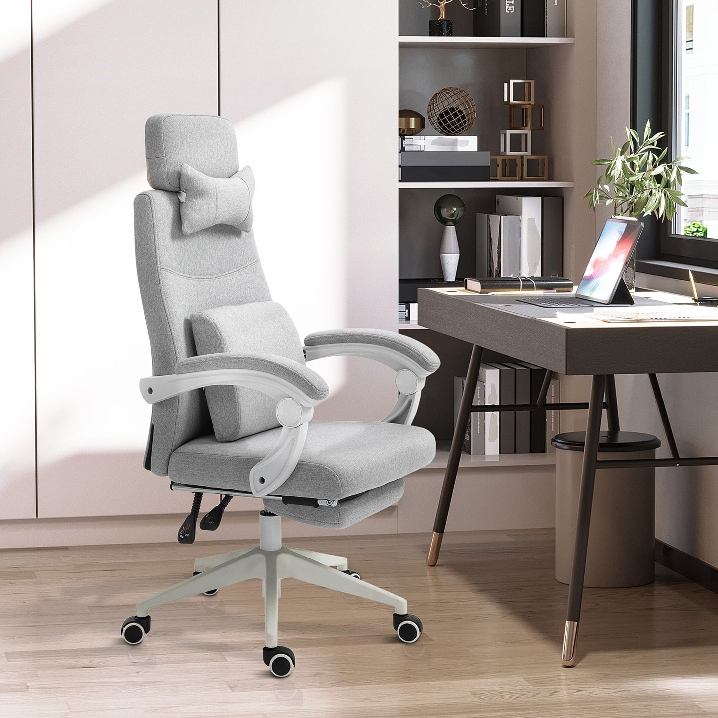 Vinsetto Office Chair, Ergonomic Desk Chair, High Back Fabric Work Chair with 160¡ Reclining Backrest, Retractable Footrest, Neck and Lumbar Pillow for Home and Study, Grey