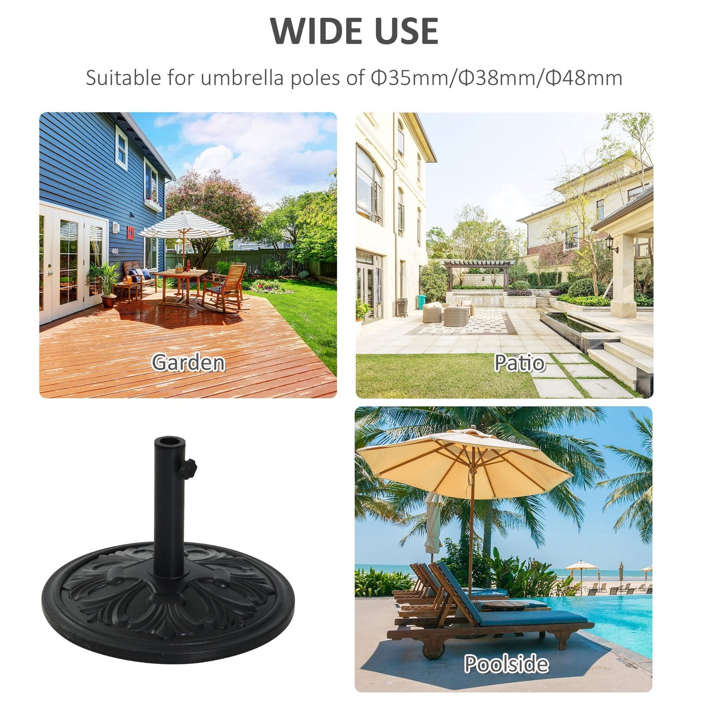 Outsunny 13kg Round Parasol Base Sun Umbrella Weight Stand Holder Patio Outdoor Garden, Black