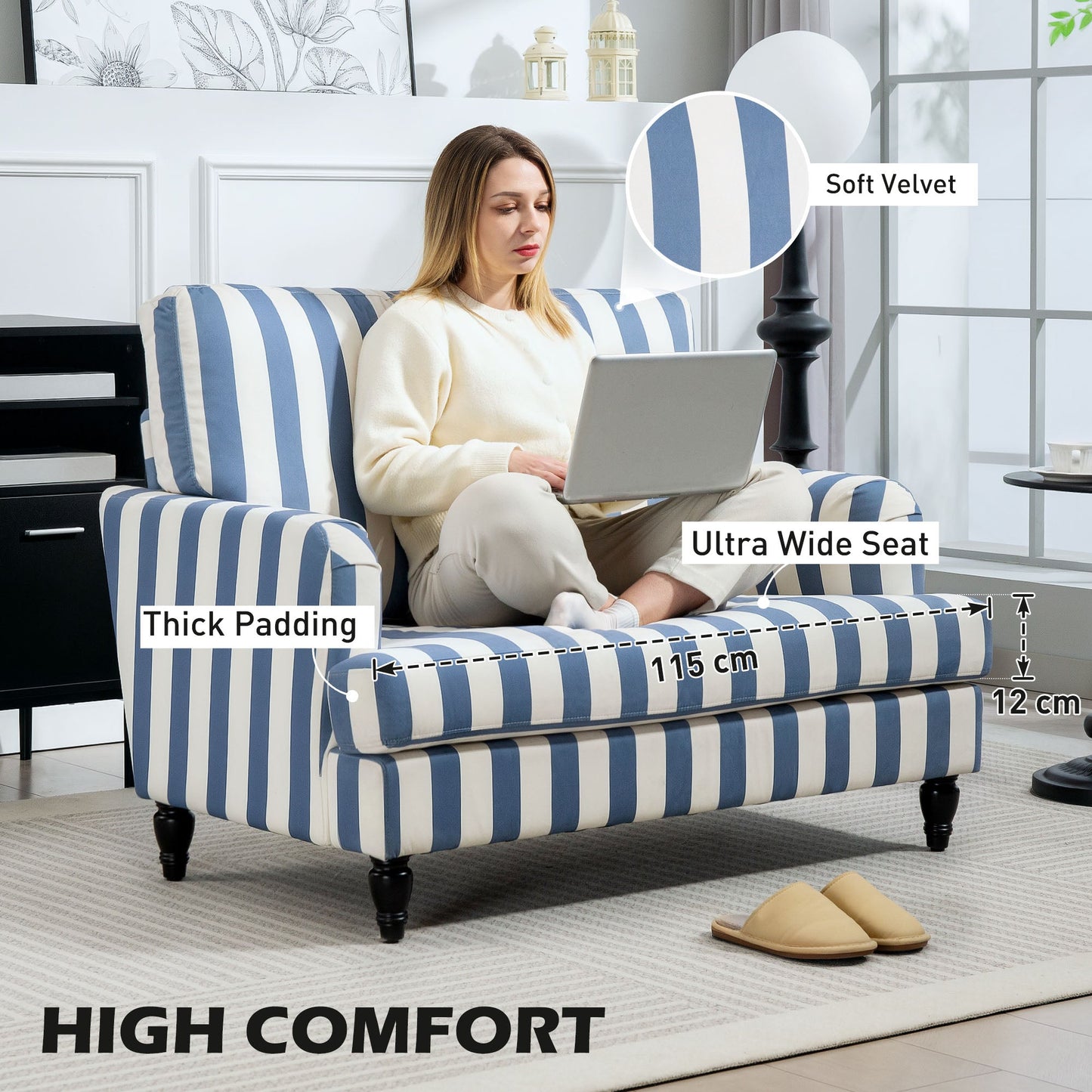 HOMCOM Modern Cuddle Chair, Velvet Single Sofa Armchair with Stripe, Turned Legs and Wide Seat, Upholstered Snuggle Chair for Living Room, Bedroom, Blue and White