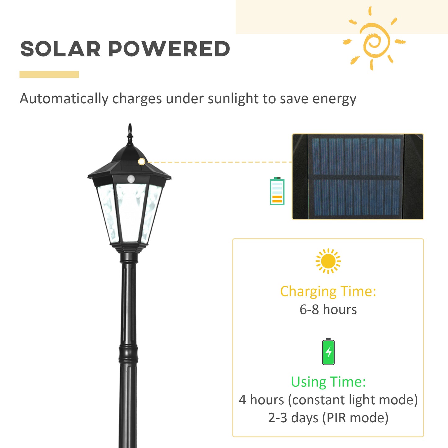 Outsunny 2,4 m Lampa ogrodowa Słupek oświetleniowy, lampa LED zasilana energią słoneczną do oświetlenia ścieżki na patio z aluminiową ramą, czujnik ruchu PIR do trawnika, ścieżki, podjazdu, czarny