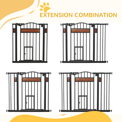 Bramka zabezpieczająca dla zwierząt PawHut Pet Gate z drzwiczkami dla kota, zamykana automatycznie, na schody, drzwi, korytarze, szerokość 74-105 cm - czarna
