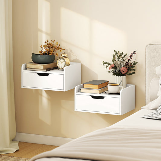 HOMCOM Floating Nightstands Set of 2, Wall Mounted Bedside Table with Drawer for Bedroom, White