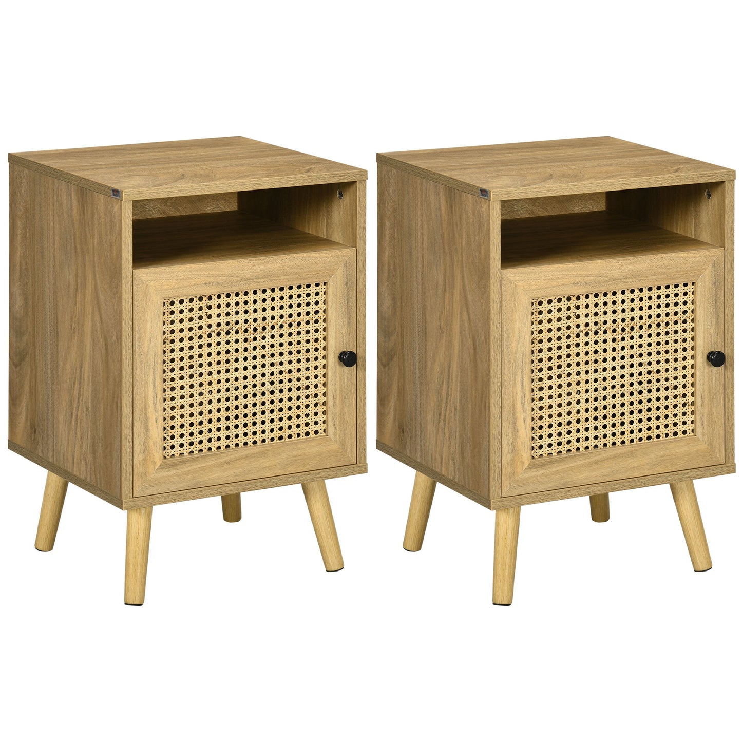 Stolik nocny HOMCOM z elementem rattanowym, stolik boczny z półką i szafką, 39 cm x 35 cm x 60 cm, zestaw 2 sztuk, naturalny