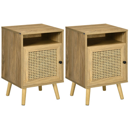Stolik nocny HOMCOM z elementem rattanowym, stolik boczny z półką i szafką, 39 cm x 35 cm x 60 cm, zestaw 2 sztuk, naturalny