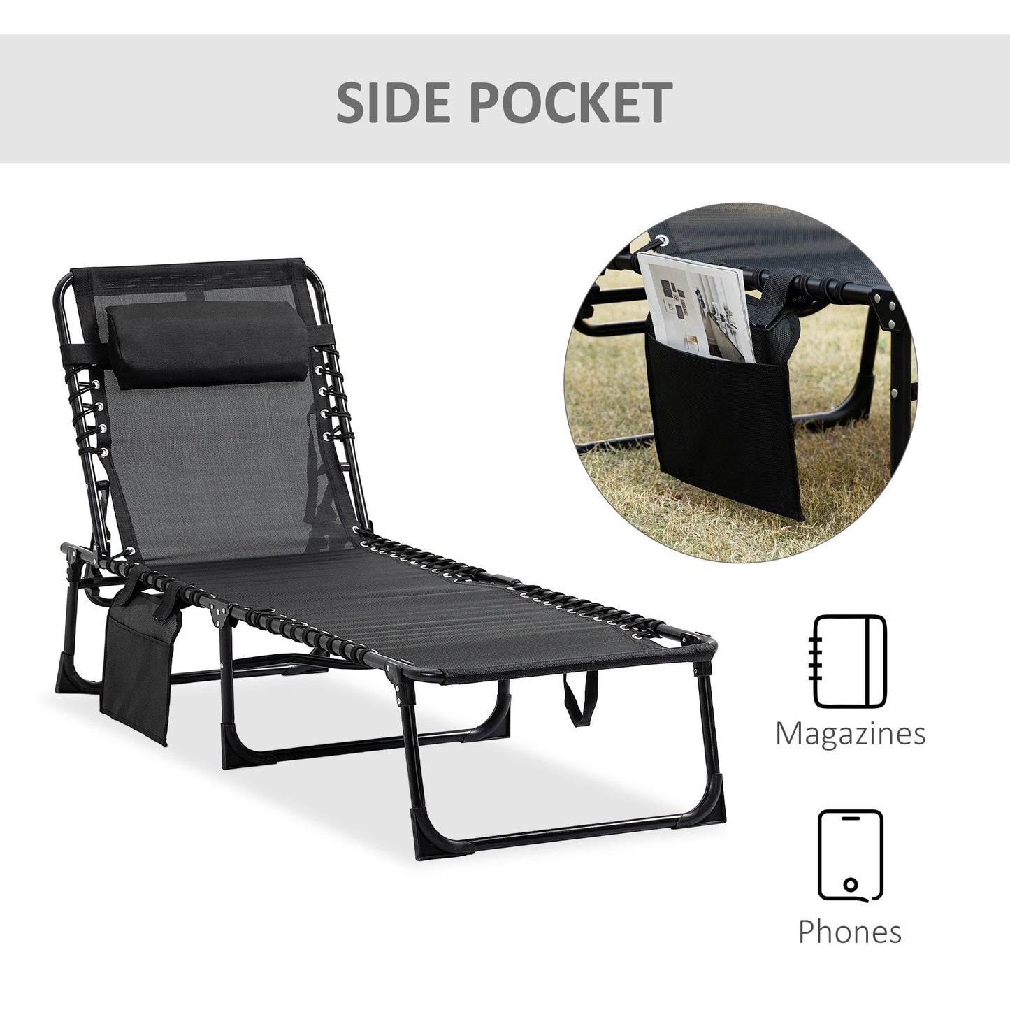 Outsunny Portable Sun Lounger, Folding Camping Bed Cot, Reclining Lounge Chair 5-position Adjustable Backrest w/Side Pocket for Patio Garden Black