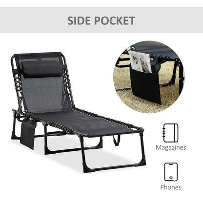 Outsunny Portable Sun Lounger, Folding Camping Bed Cot, Reclining Lounge Chair 5-position Adjustable Backrest w/Side Pocket for Patio Garden Black