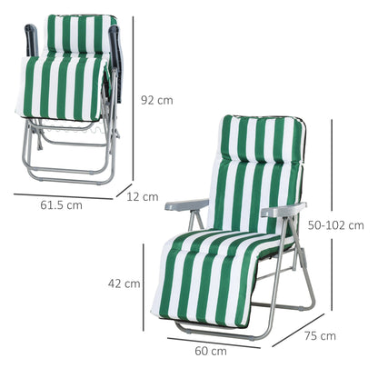 Outsunny 2 Pieces Outdoor Sun Lounger Set with Cushions, Patio Folding 5-Level Adjustable Backrest Recliner Chairs Set of 2 with High Backrest and Armrests, Green & White