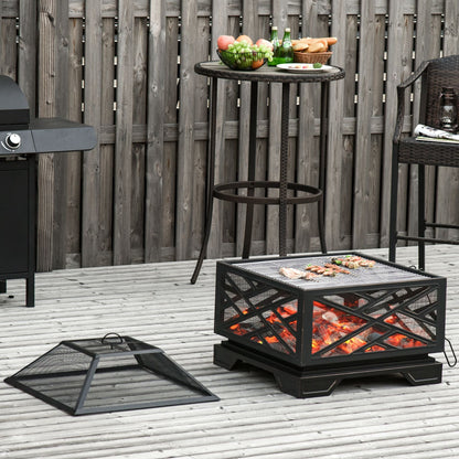 Outsunny 66cm 2 in 1 Square Fire Pit Metal Brazier for Garden, Patio with BBQ Grill Shelf & Spark Screen Cover & Poker, Black