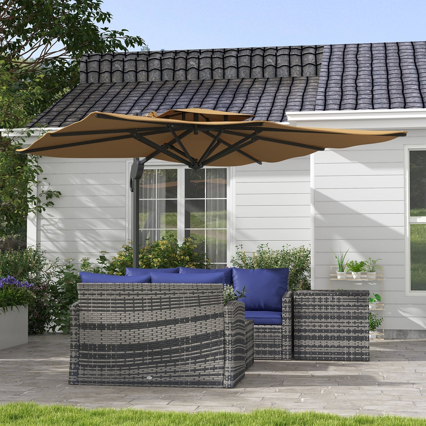 Outsunny Garden Parasol, 3(m) Cantilever Parasol with Hydraulic Mechanism, Dual Vented Top, 8 Ribs, Cross Base, Khaki