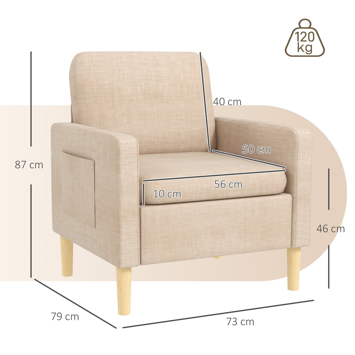 HOMCOM Modern Accent Chair, Comfy Fireside Chair, Upholstered Armchair for Living Room, Bedroom, Home Office, Beige
