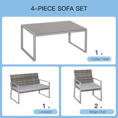 Outsunny 4-Seater Rattan Garden Furniture Set 2 Single Sofa Arm Chairs 1 Bench with Cushions & Coffee Table Patio Backyard Wicker Weave