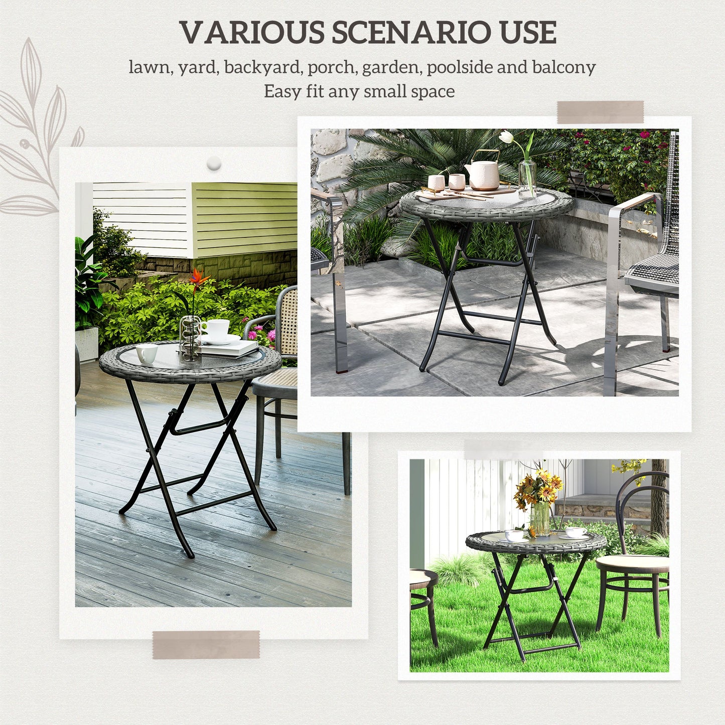Outsunny Folding Rattan Garden Dining Table, 68 cm Round Rattan Garden Table with Water Ripple Tempered Glass Top, Wicker Edging and Steel Frame for Outdoor, Patio, Grey