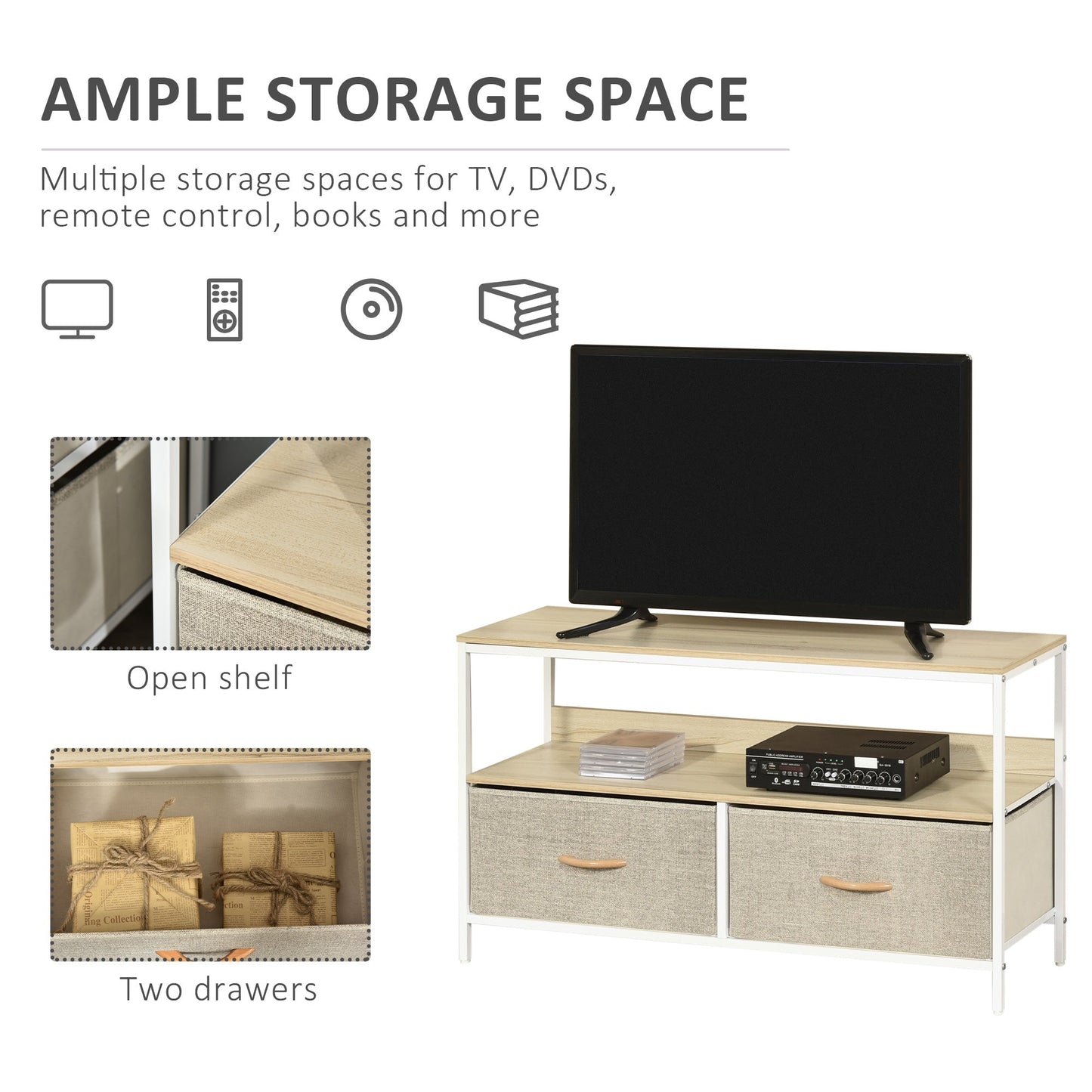 HOMCOM TV Stand Cabinet with 2 Foldable Drawers - Maple Colour