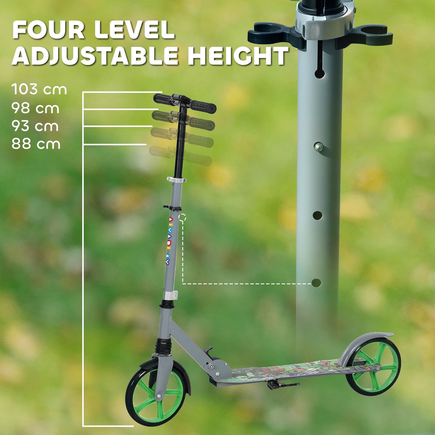 AIYAPLAY Foldable Kids Scooter with Adjustable Handlebar, 200mm Big Wheel, Rear Fender Brake, for Ages 6-12 Years, Green