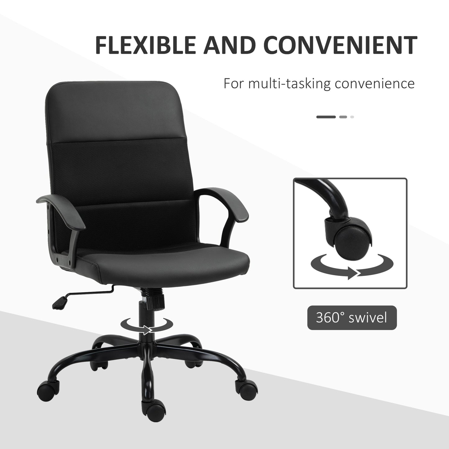 Vinsetto Mesh Office Chair, Faux Leather Desk Chair with Swivel Wheels, Adjustable Height and Tilt Function, Black