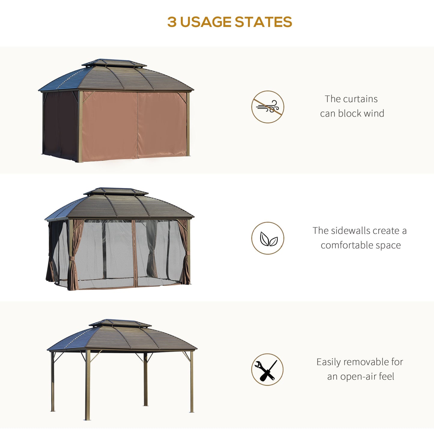 Outsunny 3.65 x 3(m) Hardtop Steel Gazebo Canopy for Patio Heavy Duty Outdoor Pavilion with Aluminium Alloy Frame, Double Roof, Net Sidewalls and Curtains, Brown