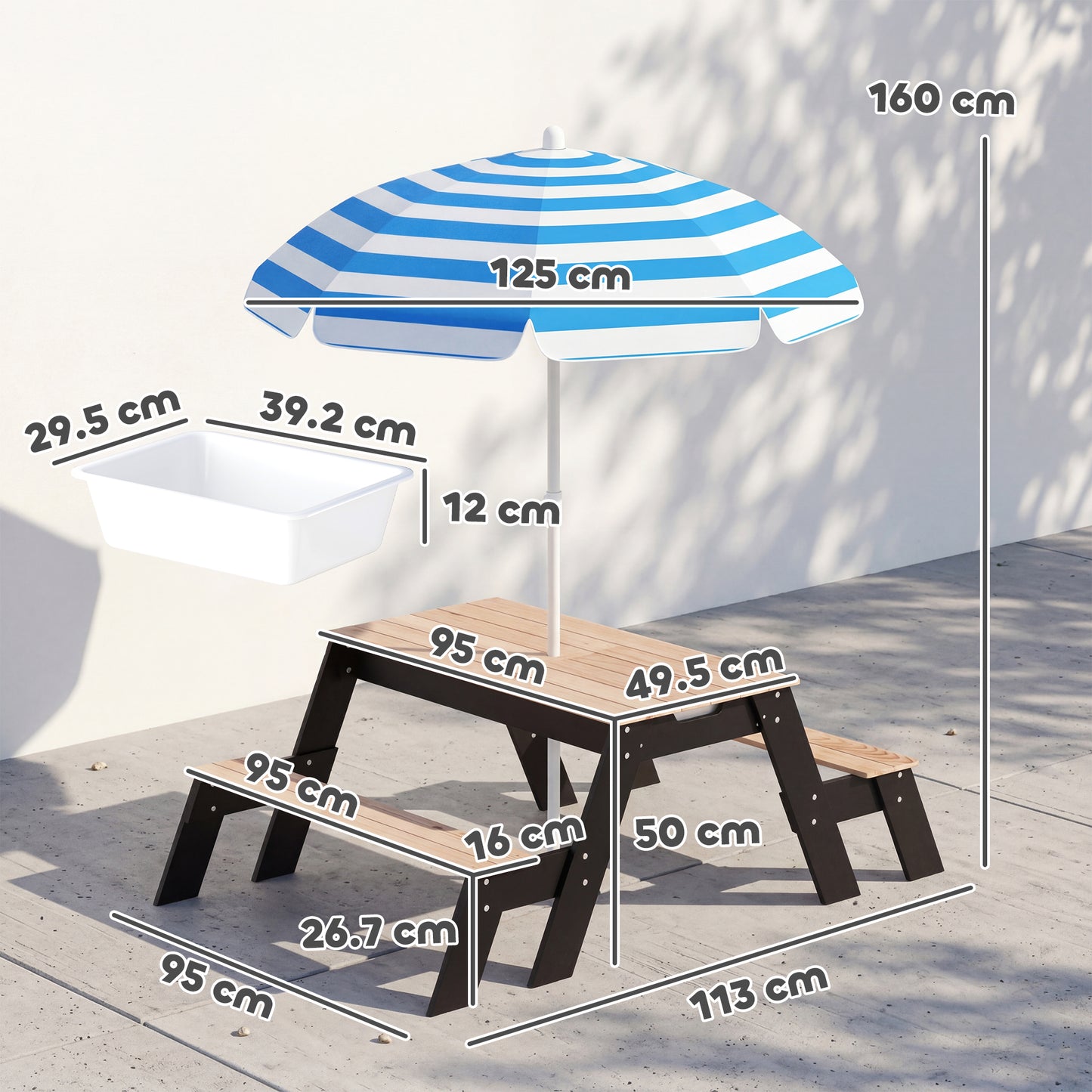AIYAPLAY Kids Garden Furniture with Parasol, 3 in 1 Wooden Sand and Water Table with 2 Hidden Play Boxes for Patio, Ages 3-6