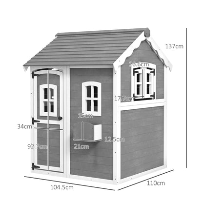 Outsunny Wooden Playhouse for Kids with Doors, Windows, Plant Box, Floors, for 3-8 Years Old, Garden, Lawn, Patio, Grey