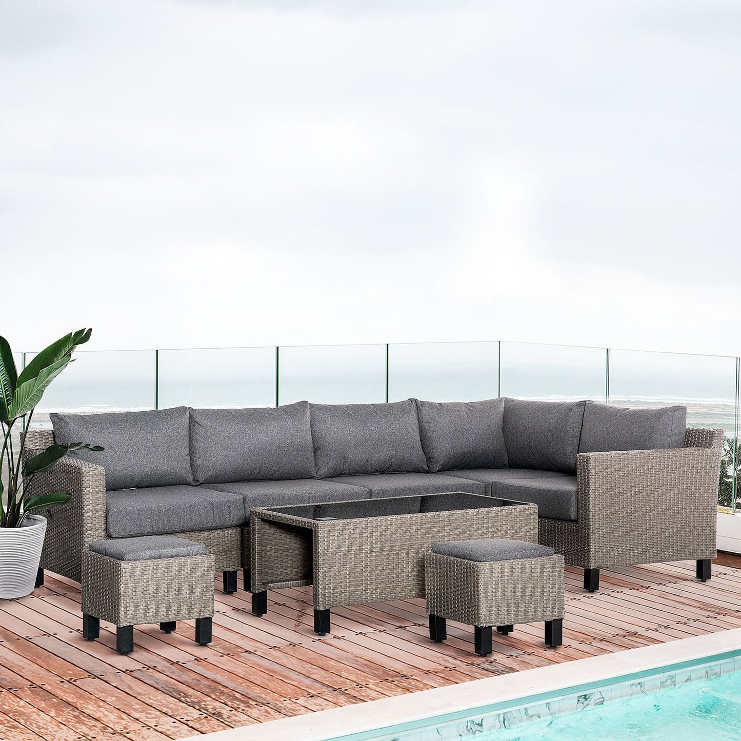 Outsunny 8 PCS Outdoor PE Rattan Sofa Set, Patio All Weather Twin Wicker Conservatory Corner Sofa Furniture, w/ Tempered Glass Coffee Table & Cushions for Lawn, Garden, Grey