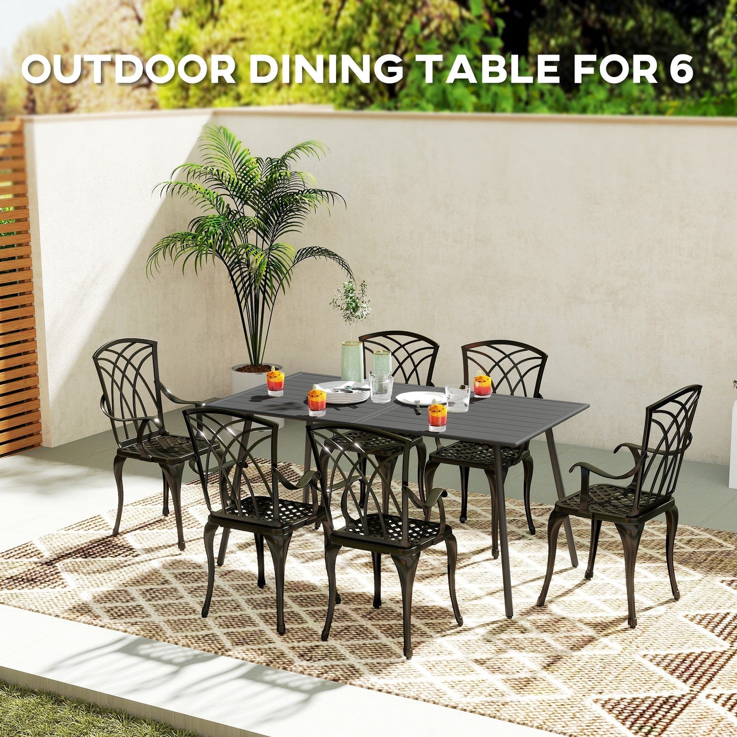 Outsunny Rectangle Garden Table with Slat Top, Steel Frame, Outdoor Table for 6 Person, 150 x 80 x 74 cm, Grey