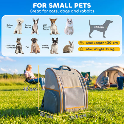 PawHut Pet Backpack Carrier, Foldable Pet Carrier Backpack for Mini Dogs Cats Up to 5 kg, with Mesh Window, Grey