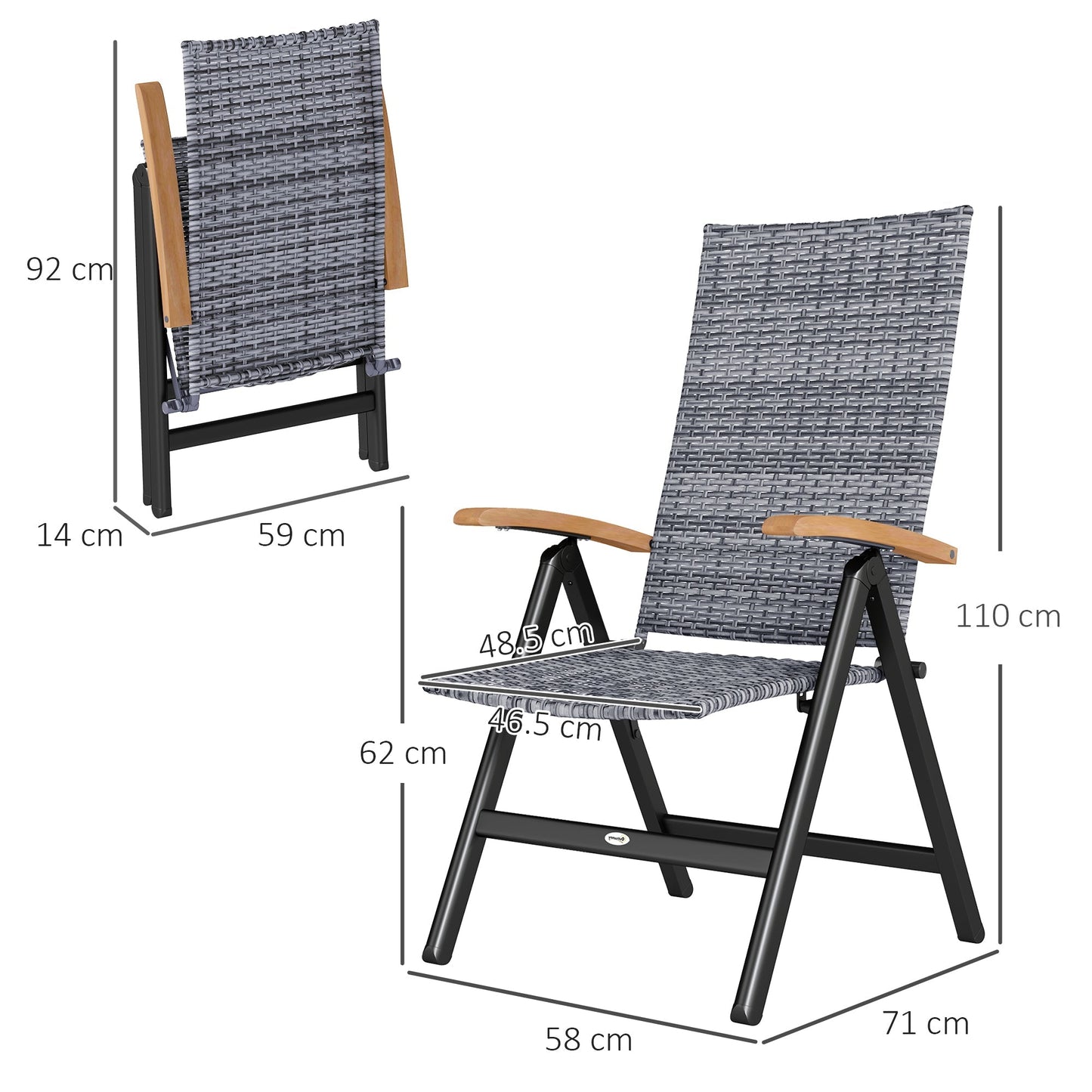 Outsunny Folding Rattan Garden Dining Chair with 5-level Reclining High Back, Wood Armrests for Outdoor, Patio - Light Grey