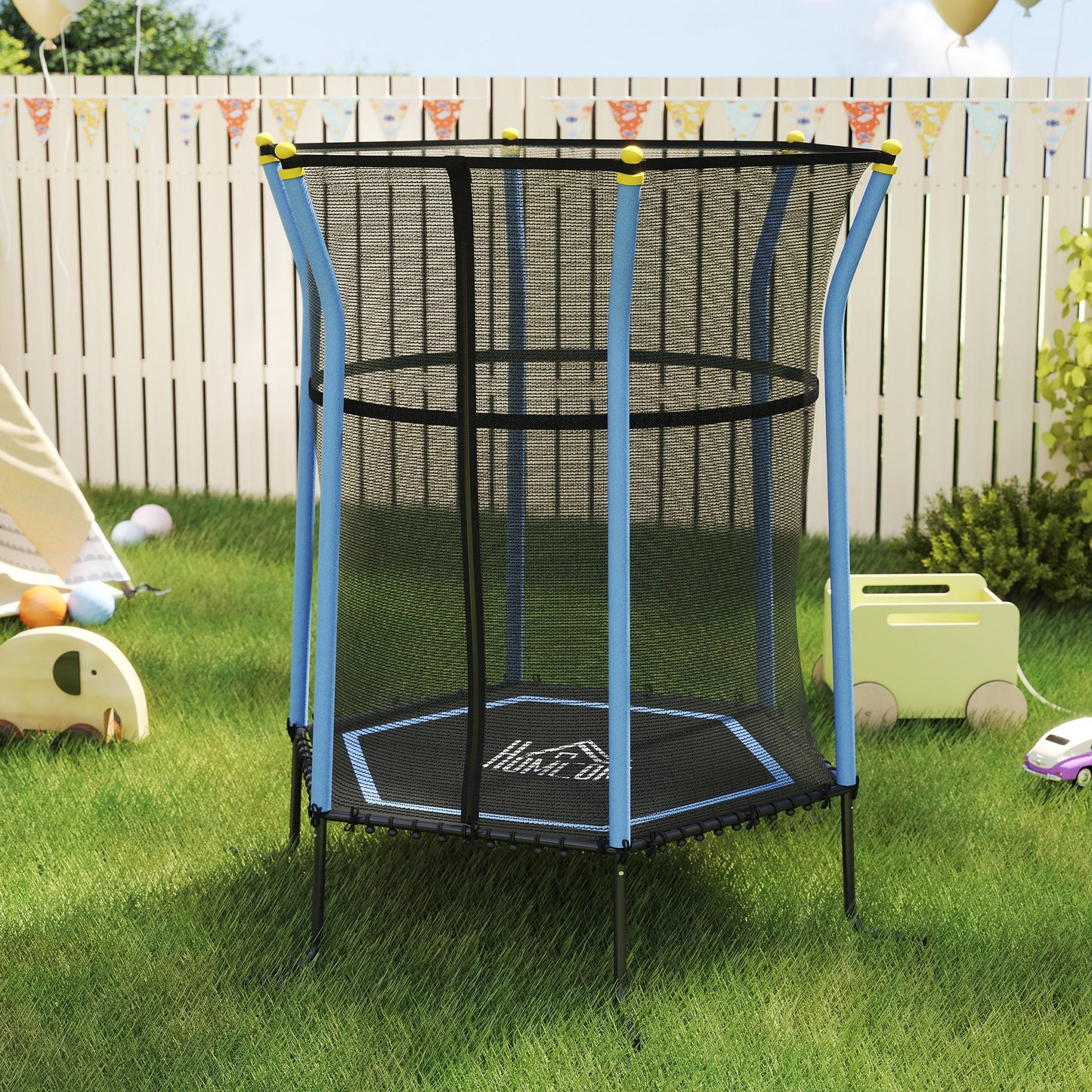 HOMCOM Dziecięca trampolina Mini Bouncer z siatką zabezpieczającą dla dzieci w wieku od 3 do 10 lat - niebieska