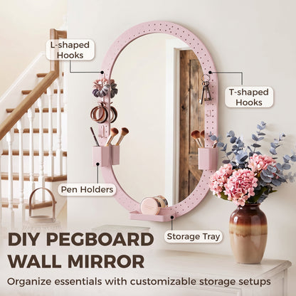 HOMCOM Oval Wall Mirror, 60 x 90 cm Decorative Hanging Mirror with Pegboard Frame, Wall-Mounted, Pink