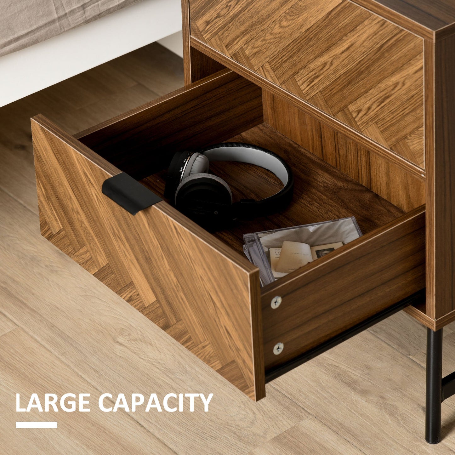HOMCOM Bedside Table Set of 2 with 2 Drawers, Modern Side Tables with Herringbone Pattern and Metal Legs for Bedroom, Living Room, Walnut Brown