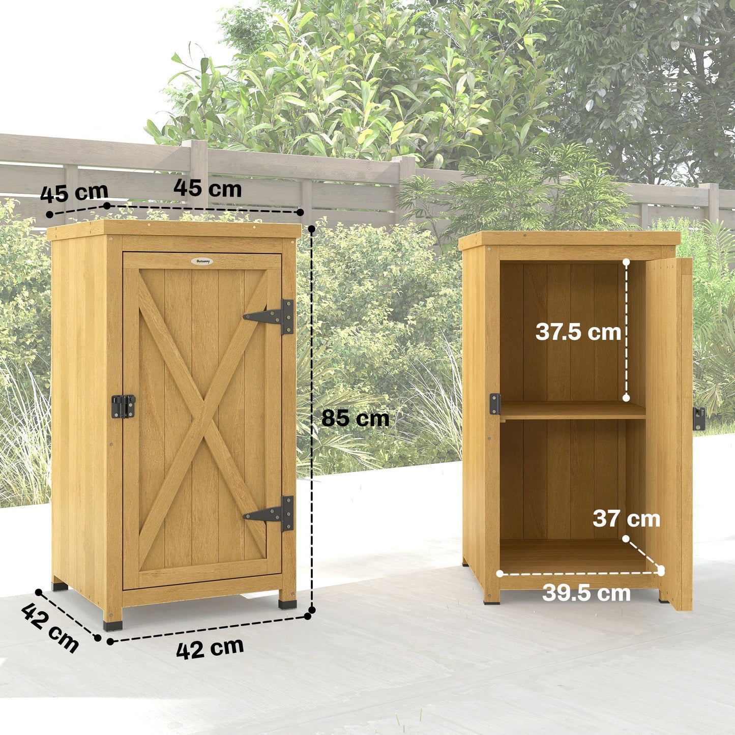 Outsunny Wooden Garden Shed, Garden Tool Storage Shed with Metal Top and Shelf, Light Brown