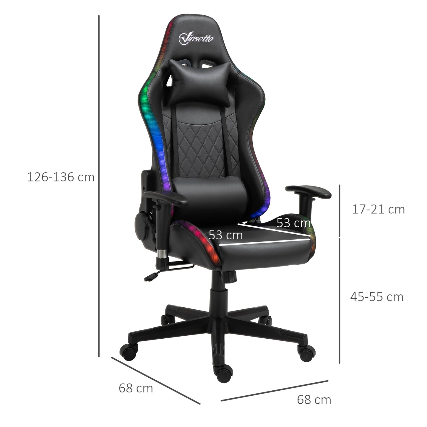 Vinsetto Gaming Chair with RGB LED Light, 2D Arm, Lumbar Support, Height Adjustable Swivel Office Computer Recliner, Racing Gamer Desk Chair for Home, Black