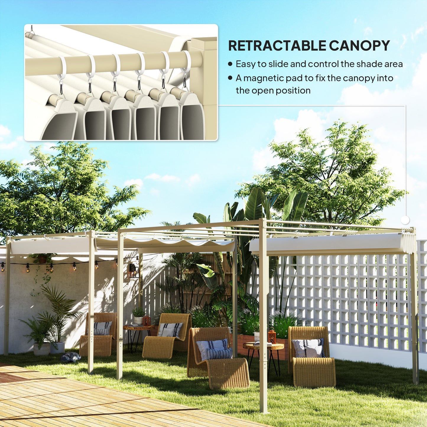 Outsunny 3 x 3(m) Pergola ogrodowa z rozsuwanym dachem i magnetycznym mocowaniem, zestaw pergoli zewnętrznej z baldachimem przeciwsłonecznym, UPF30+, khaki