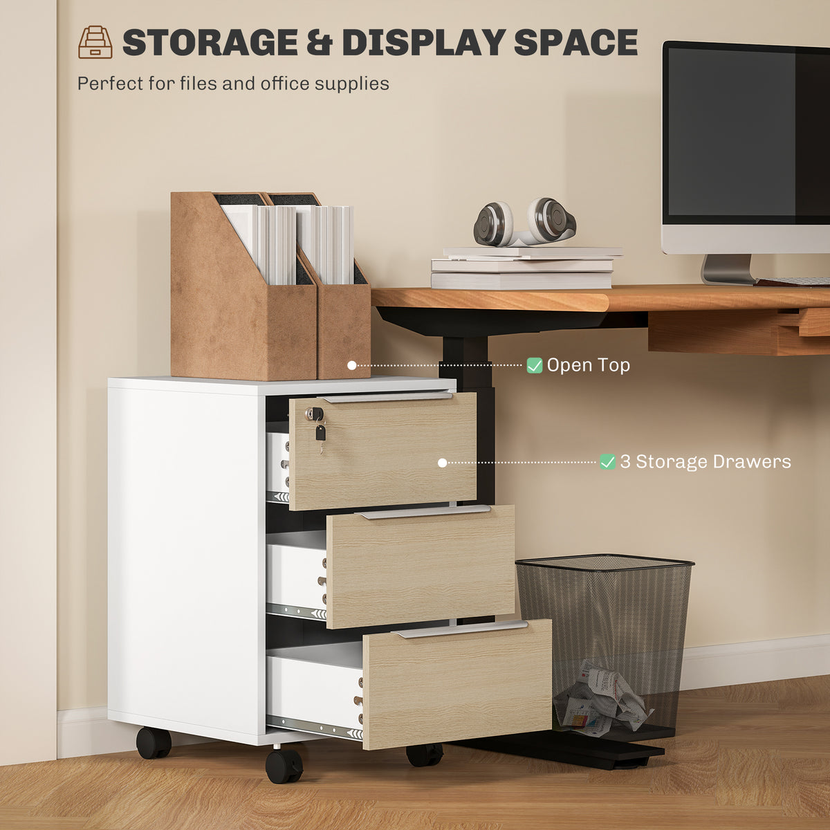 HOMCOM Three-Drawer Locking Filing Cabinet - Oak/White