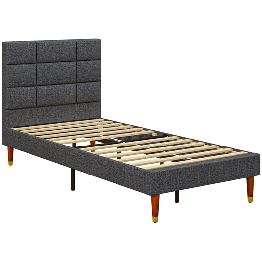 HOMCOM Upholstered Single Bed Frame 161W x 208D x 121Hcm with Slats, Grey