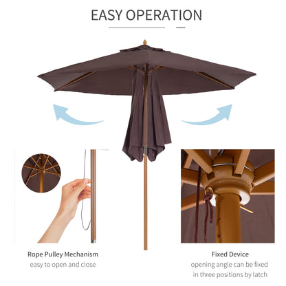 Outsunny 2.5m Wood Wooden Garden Parasol Sun Shade Patio Outdoor Umbrella Canopy -Coffee