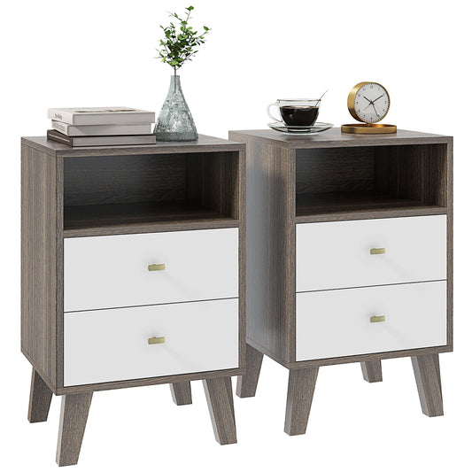 HOMCOM Industrial-Scandinavian Mix Bedside Table, with Drawers and Shelf