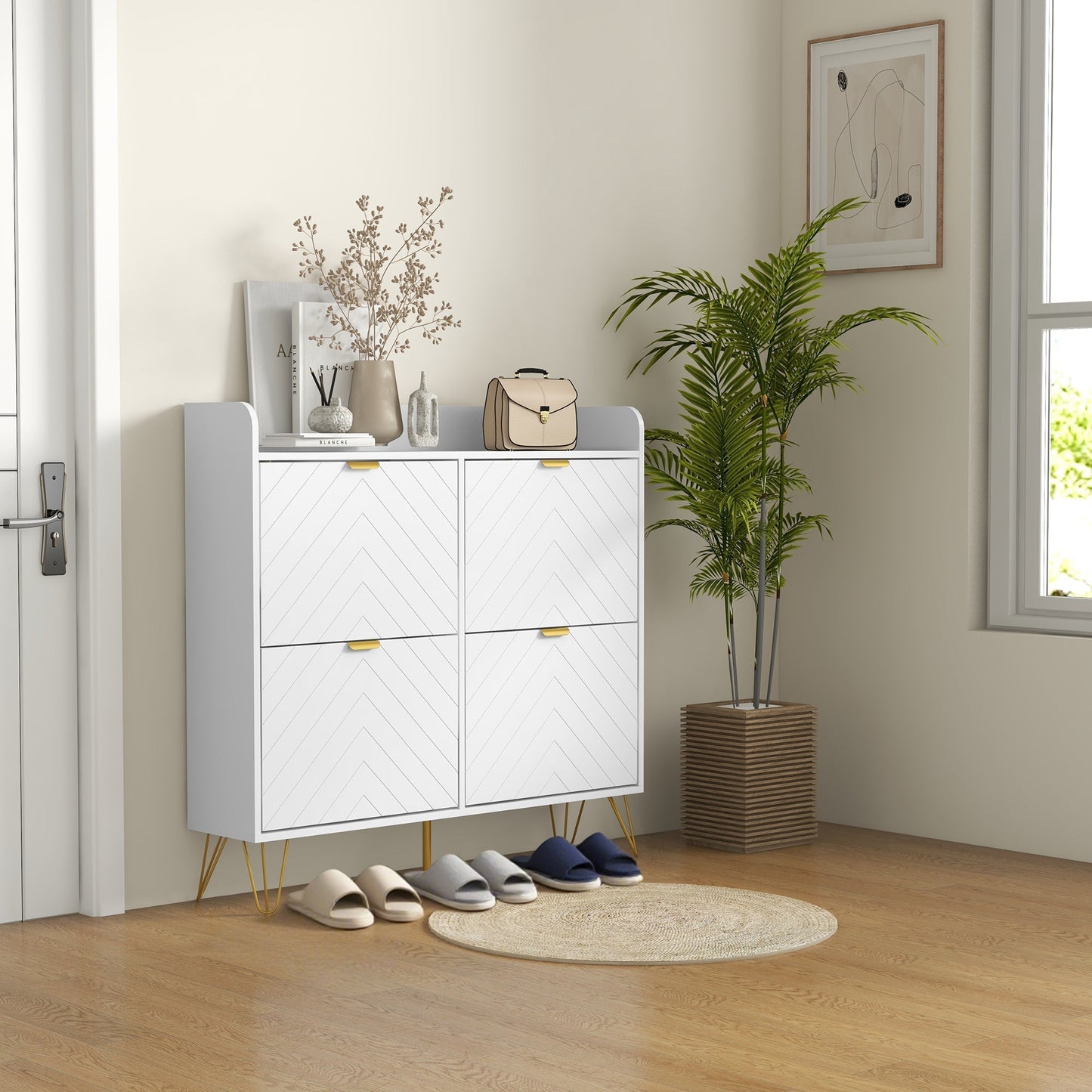 HOMCOM Narrow Shoe Storage Cabinet, Slim Shoe Cupboard with 4 Flip Drawers, Adjustable Shelf, Shoe Rack for 16 Pairs of Shoes
